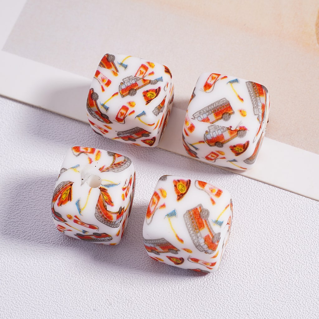 Firefighter Themed Series Printed Cube Square Silicone Beads 14MM