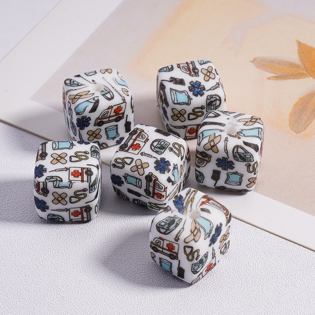 Medical theme Stethoscope, Heartbeat, Nurse Tools, Healthcare Icons Printed Cube Silicone Beads 14mm