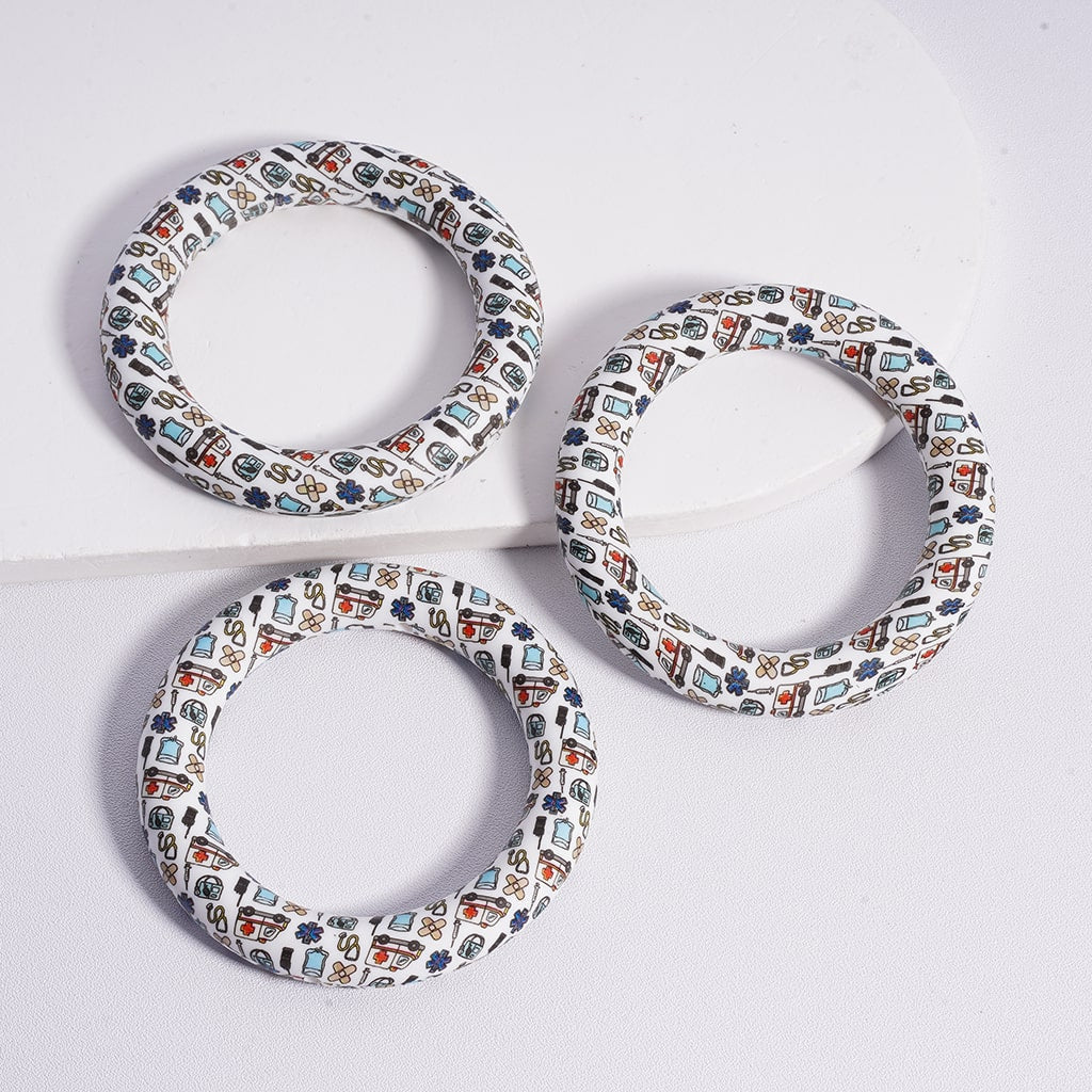 Medical Printed with Stethoscope & Heartbeat Icons Silicone Ring Printed Frame Bead Circle Round Soft Car Hanger harm Loop 65mm