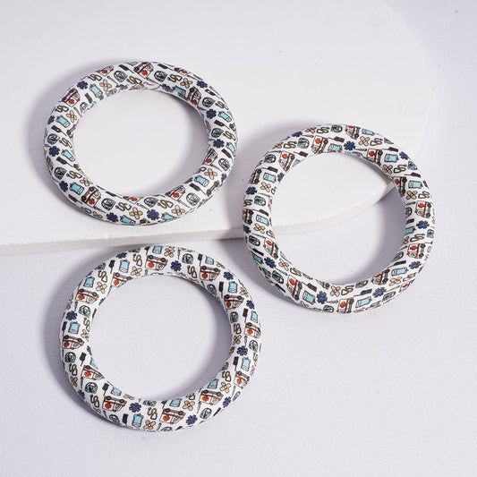 Medical Printed with Stethoscope & Heartbeat Icons Silicone Ring Printed Frame Bead Circle Round Soft Car Hanger harm Loop 65mm