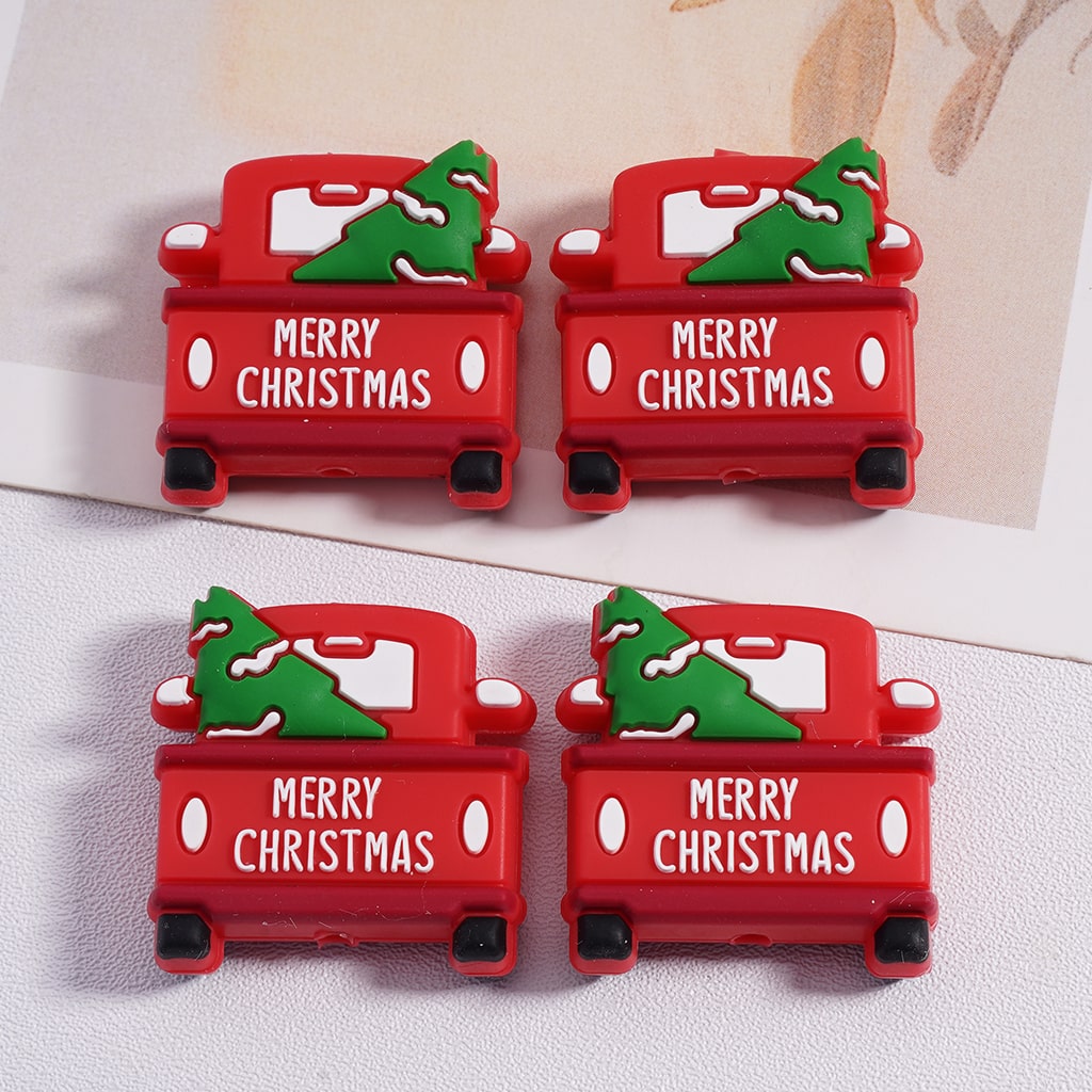 Merry Christmas Festivel Santa Red Truck Loaded with a Christmas Tree Silicone Focal Bead