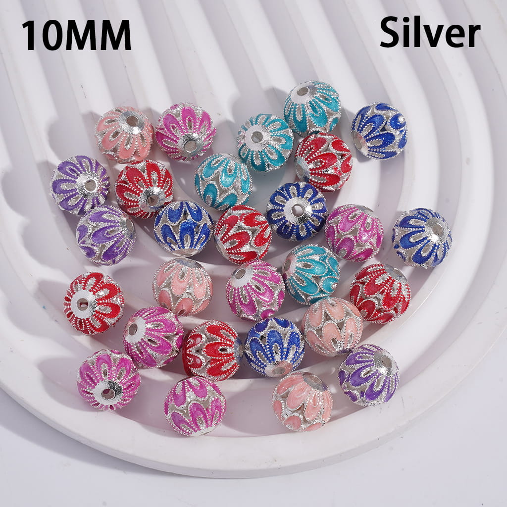 Metal Flower Base Beads with Mixed Color Enamel Accents, 10mm Gold & Silver Round Metal Beads 10MM