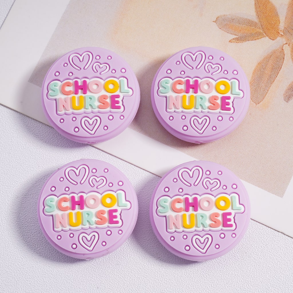 School Nurse with Heart Blush Pink Prints Round Silicone Focal Bead