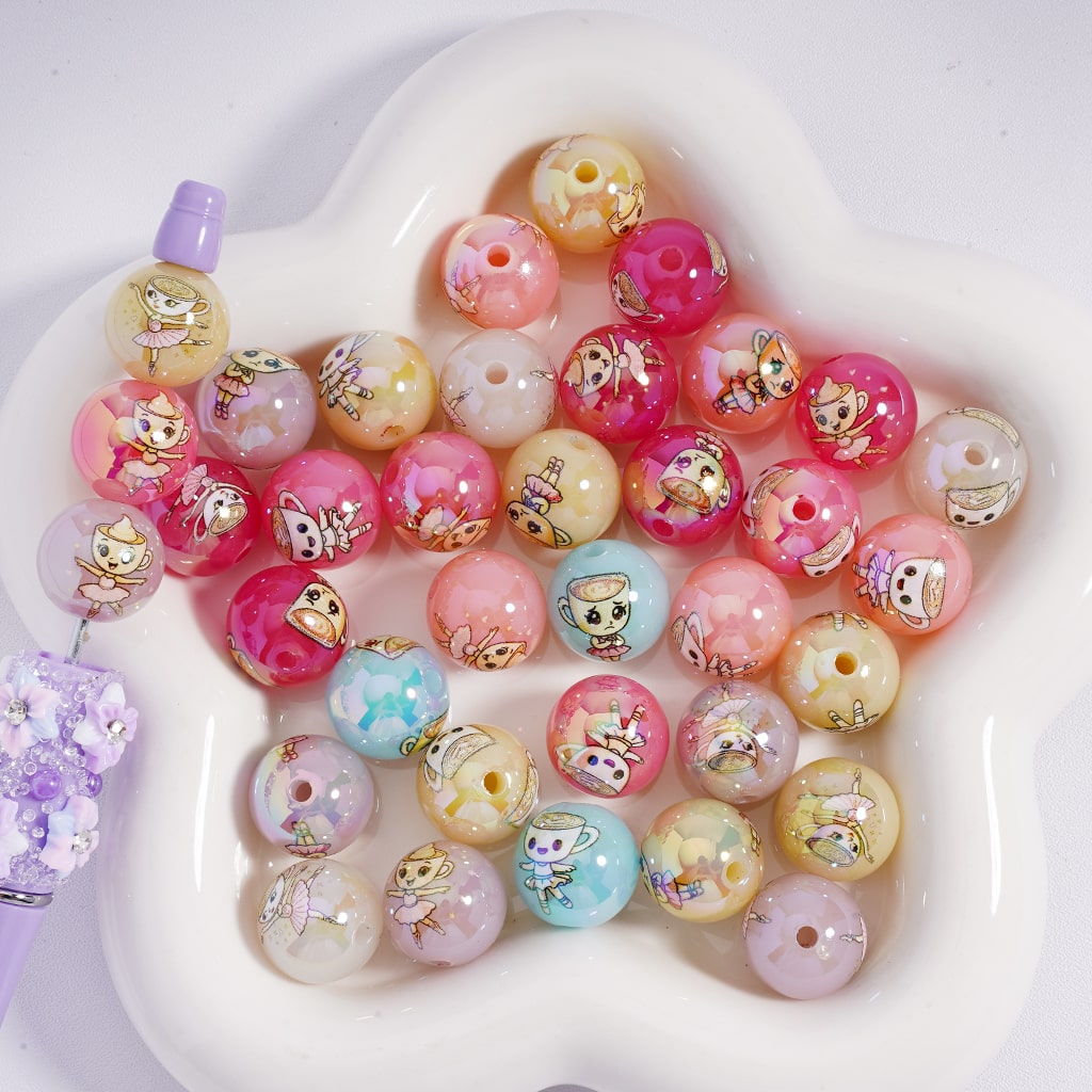 UV Glossy Cute Ballet Girl Cup Jelly Acrylic Beads 16mm Random Mix