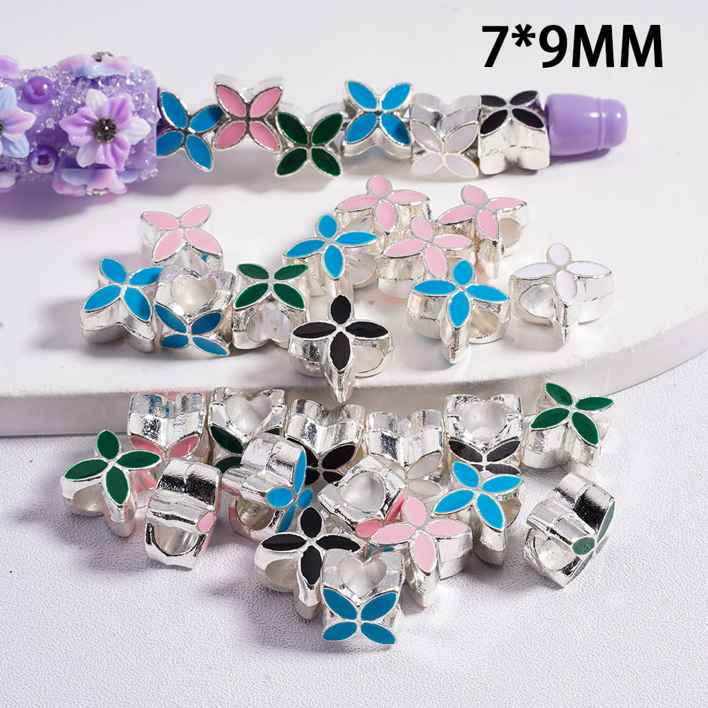 Four Leaf Clover with Big Hole Silver Alloy Beads 7*9MM, Multi-Color, Random Mix (The Hole Diameter is 6 MM)