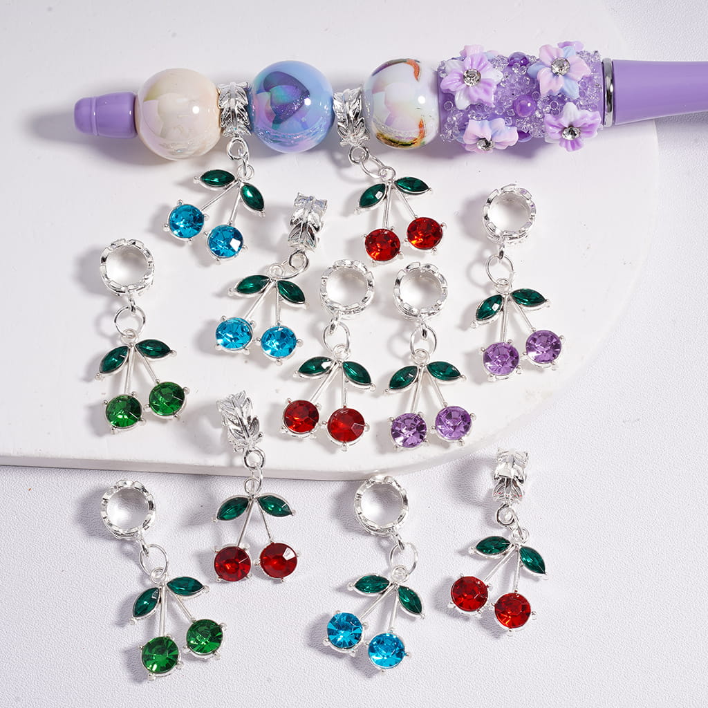Silver Alloy Bail Beads with Leaf Loop & Cherry Rhinestone Charms Random Mix