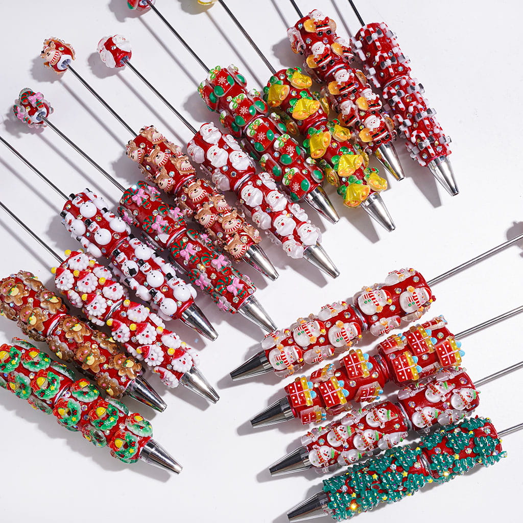 Christmas Beadable Clay Pens, with Snowman Deer Santa Claus Tree Bell Gift Box Candy Cane Wreath Stocking & AB Rhinestones, Random Mix