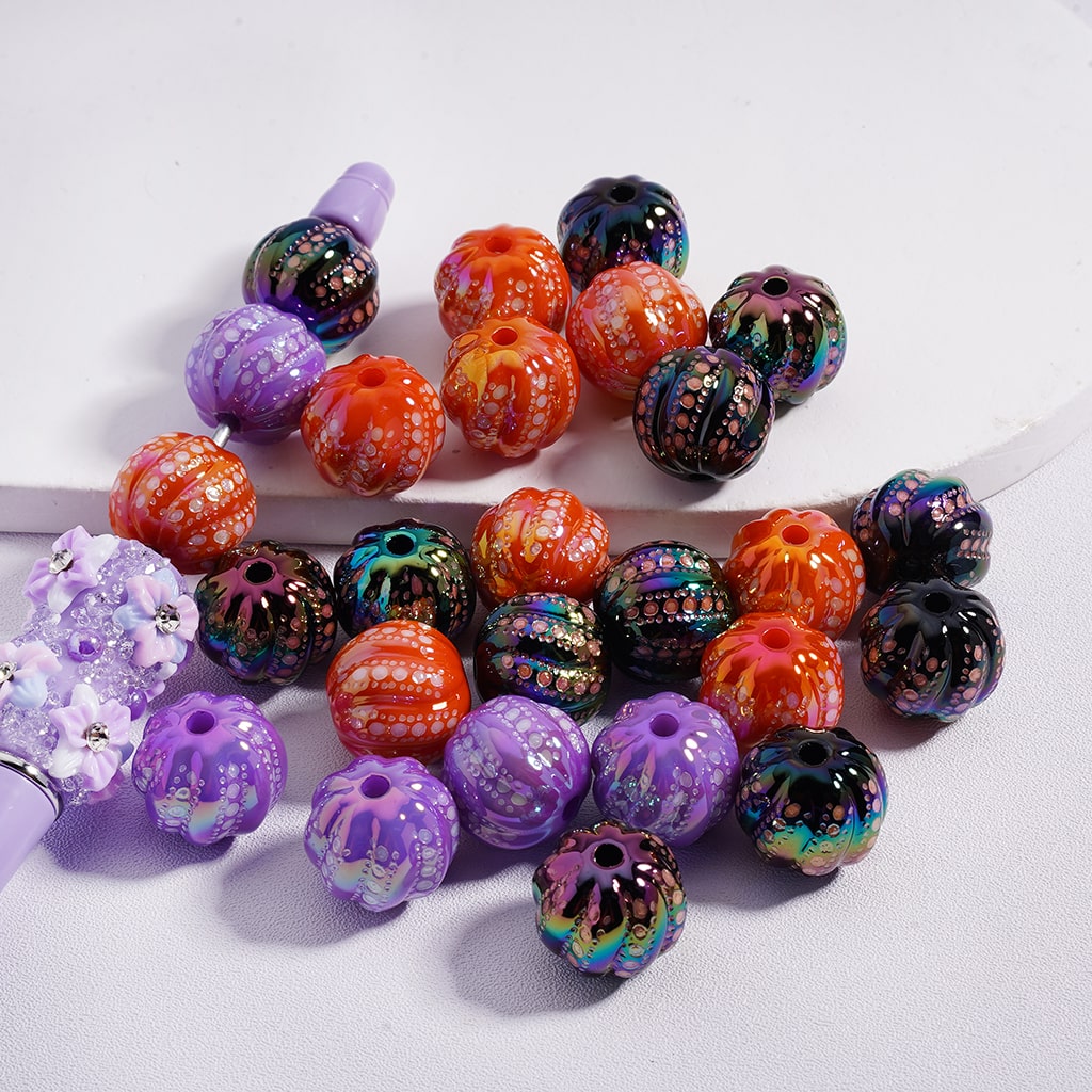 UV Finish Glow in the Dark Pumpkin Halloween Round Acrylic Beads 16mm Random Mix