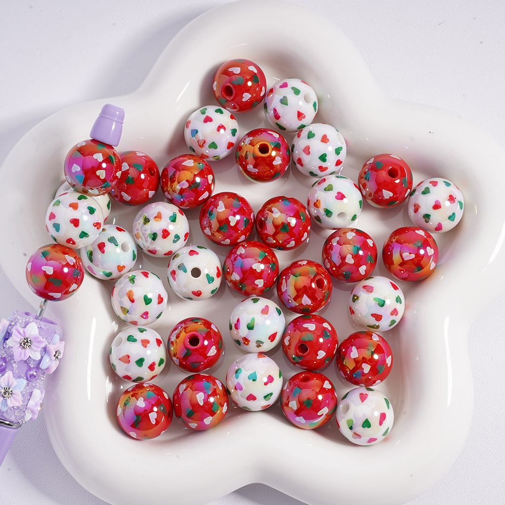 UV Coated Romantic Heart Red & White Print Round Acrylic Beads 16mm Random Mix