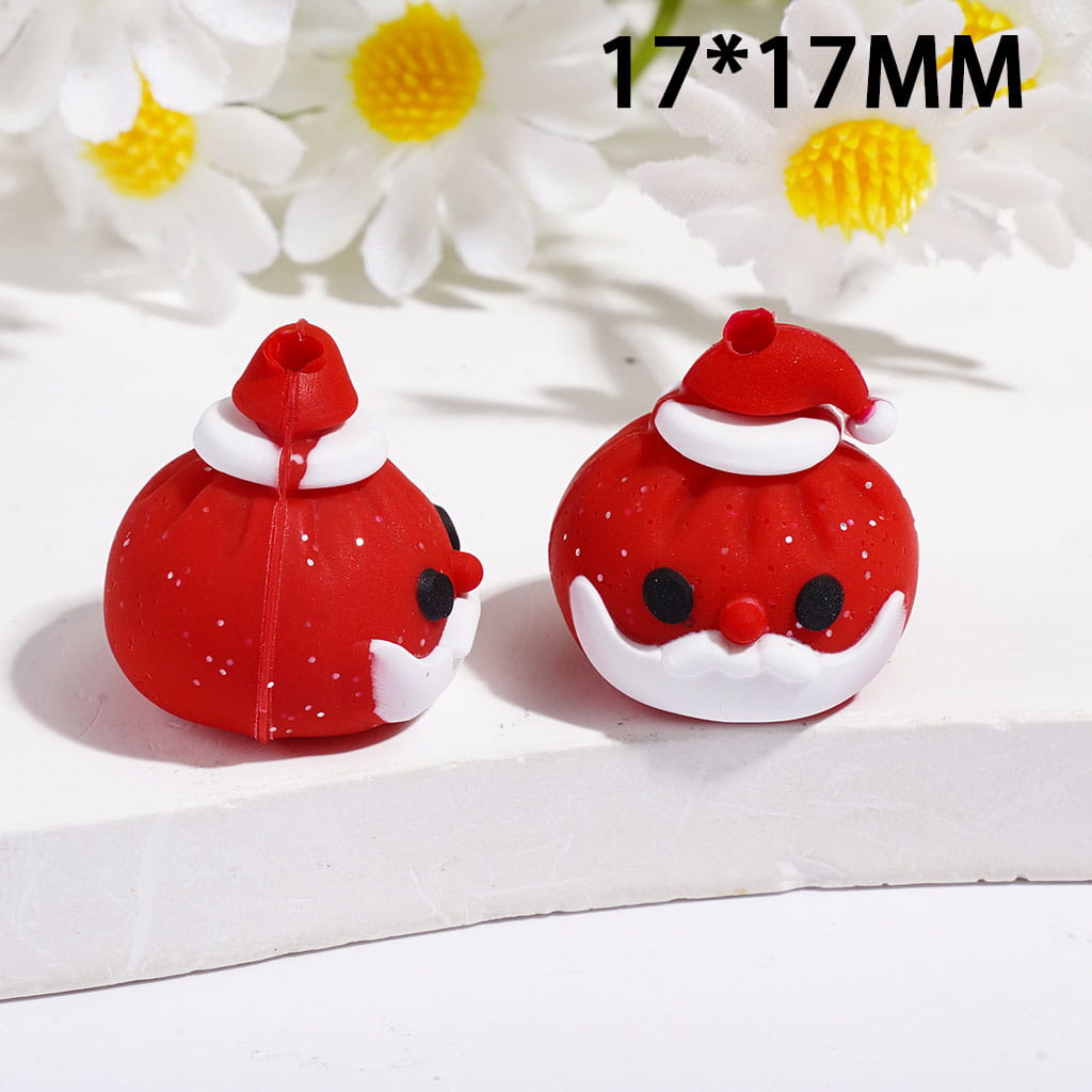 3D Cute Christmas Dumpling Santa Claus Face Red Hat and Silver Glitter Silicone Focal Beads, 17*17MM, Multi Colors Random Mix