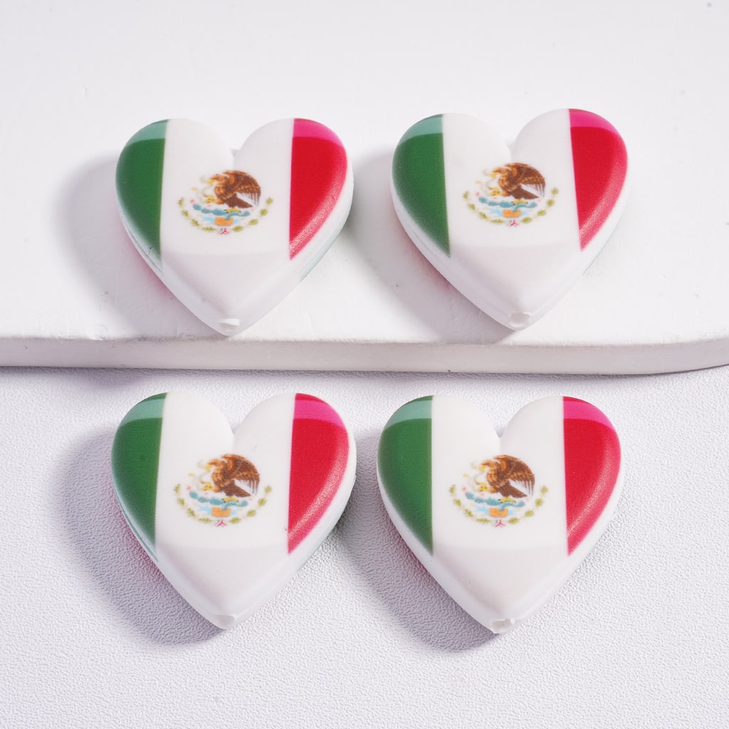 Colorful Mexico Flag Print Heart Shape Silicone Focal Beads