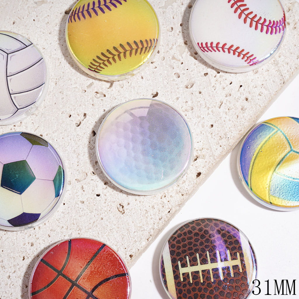Volleyball Baseball Basketball Football Golf Rugby Series Acrylic Beads, UV Finish, Flat Round Shape, 31MM Random Mix