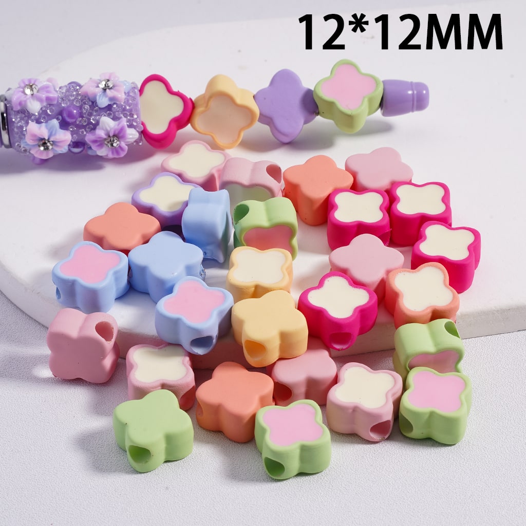 Mini Cute Light & Dark Colors Four-Leaf Clover Colorful Outlines Acrylic Beads 12*12MM (Single Color available for 200pcs Whole Bag Only)