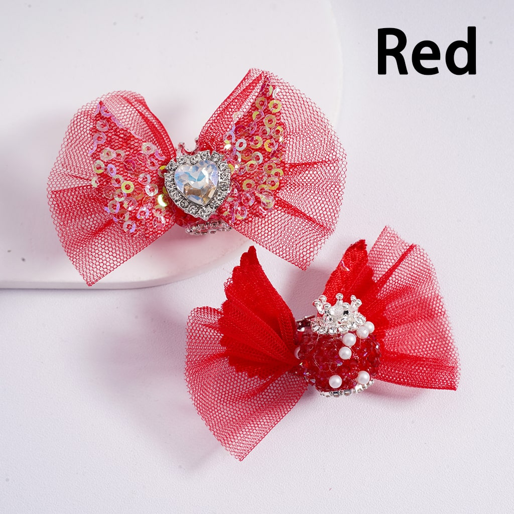 Sparkling Heart Rhinestone Acrylic Beads with Silver Crown, Clear Rhinestone Chains, White Pearls & Fabric Bowknot