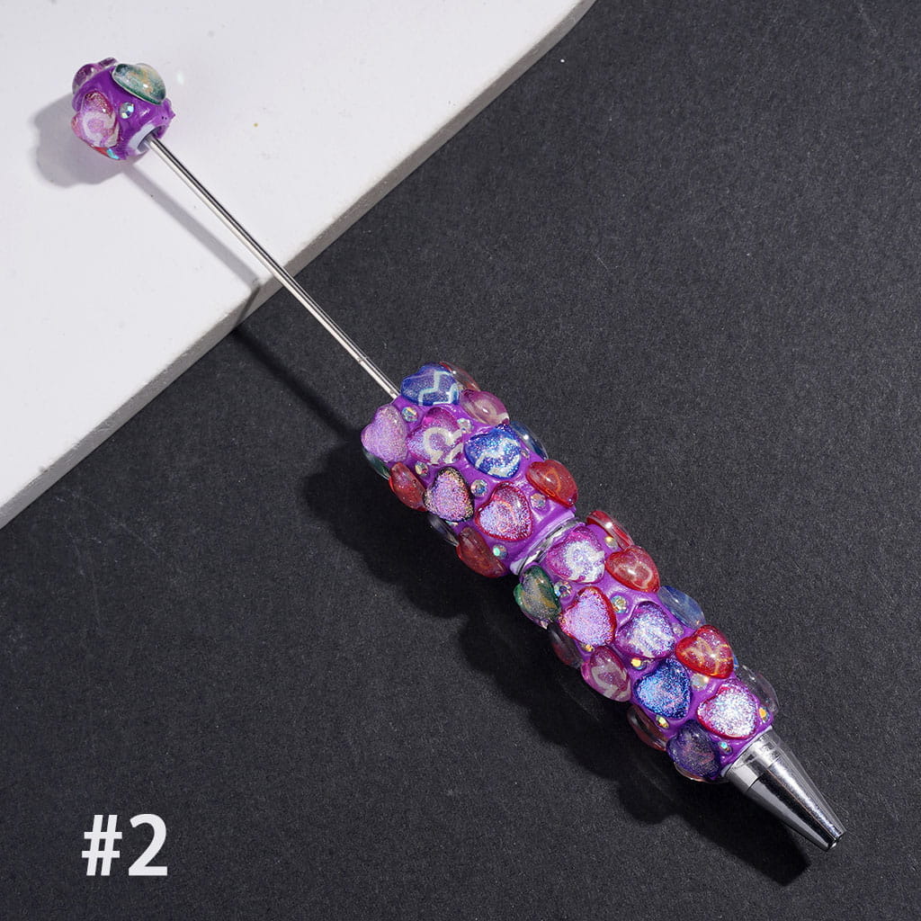 Beadable Clay Pens Clear Heart with Twelve Constellations Patterns and Shiny Glitter, AB Rhinestones, Rose Pink and Dark Purple