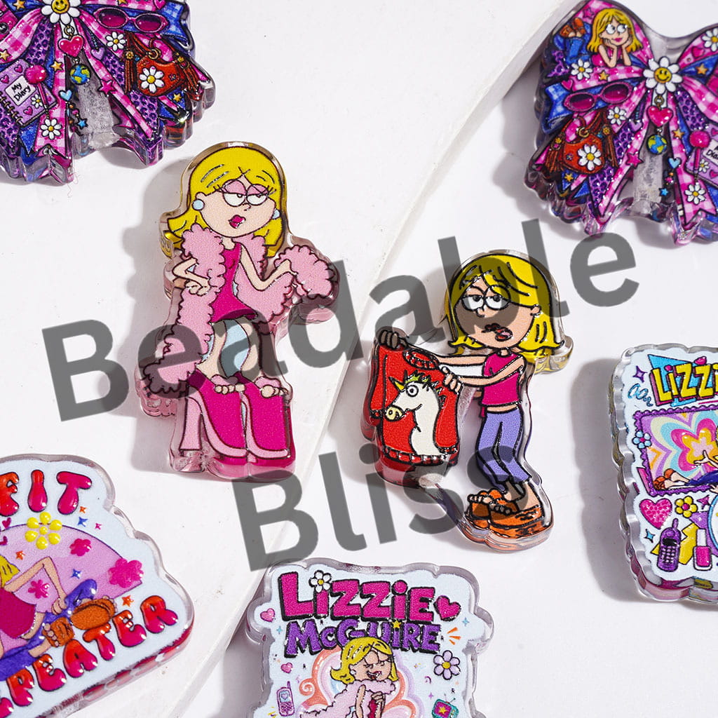 Acrylic Beads with 90s Cartoon Girl Prints, Semi-Clear, Random Mix