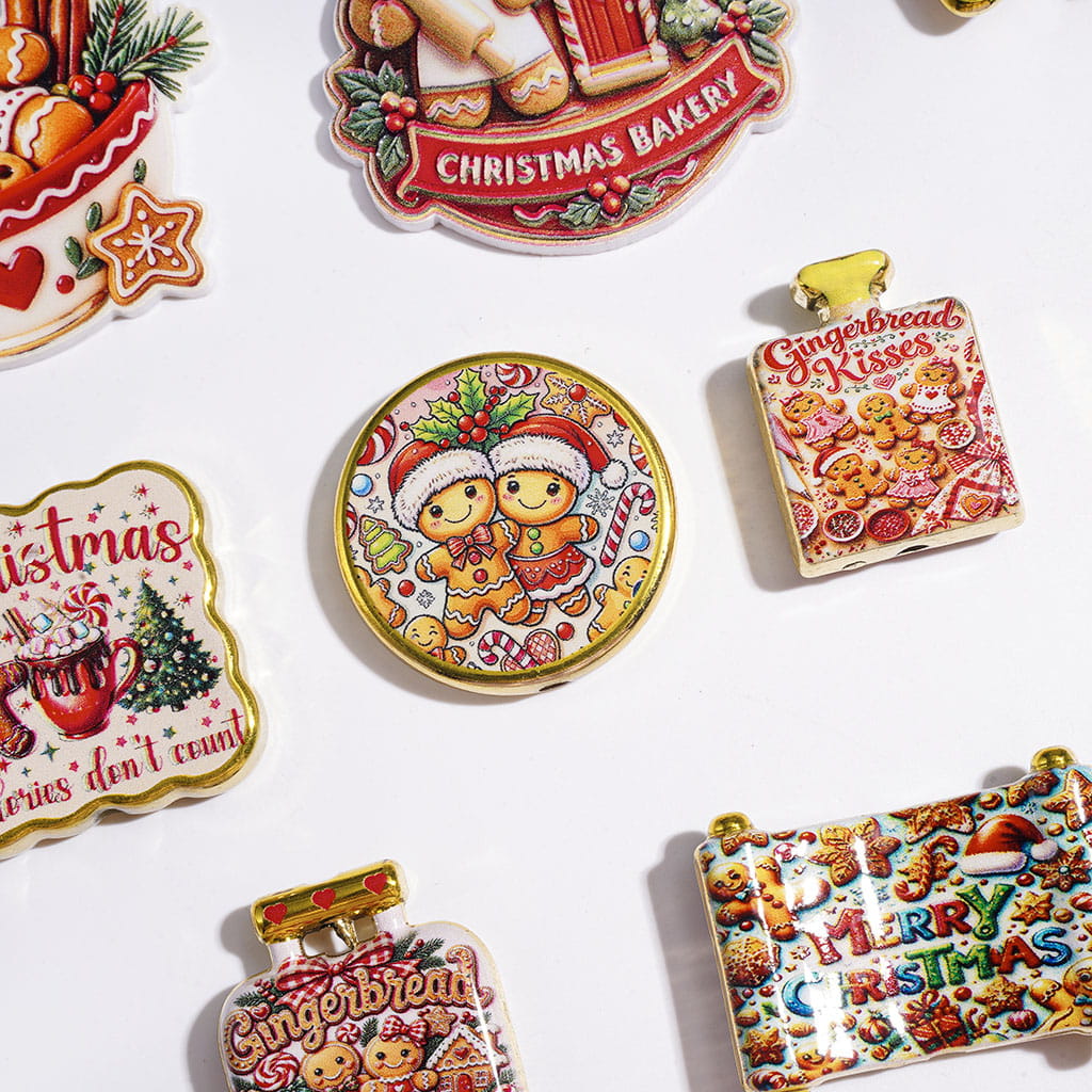 Christmas Gingerbread Man Series Acrylic Beads and Pendants, Gold Edge Design, Random Mix