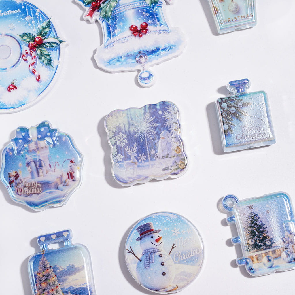 UV-Coated Acrylic Beads and Pendants Winter Snow Day Christmas Theme, Blue White Series, Random Mix