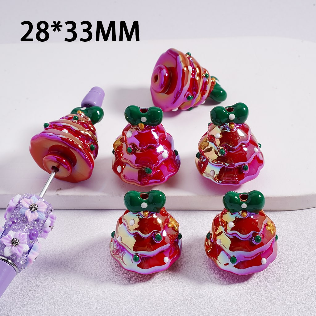 Acrylic Beads UV Coating Red & Green Christmas Tree with Bowtie 28*33MM