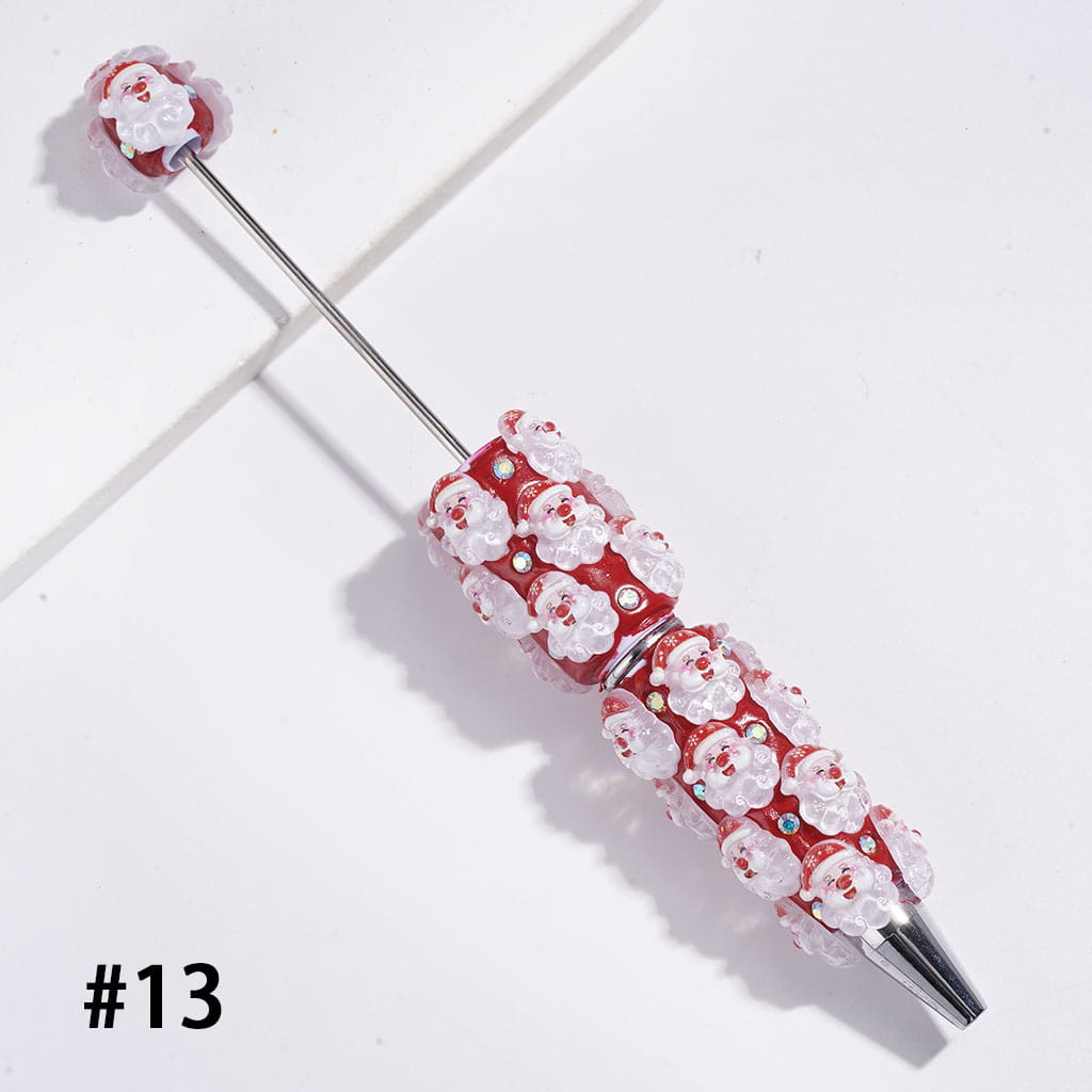 Beadable Clay Pens Christmas Series | Pen with Snow Bell Tree Hat Candy Cane Santa Claus Gift Box Gingerbread Sock Candle & AB Rhinestones, Red Pen Base