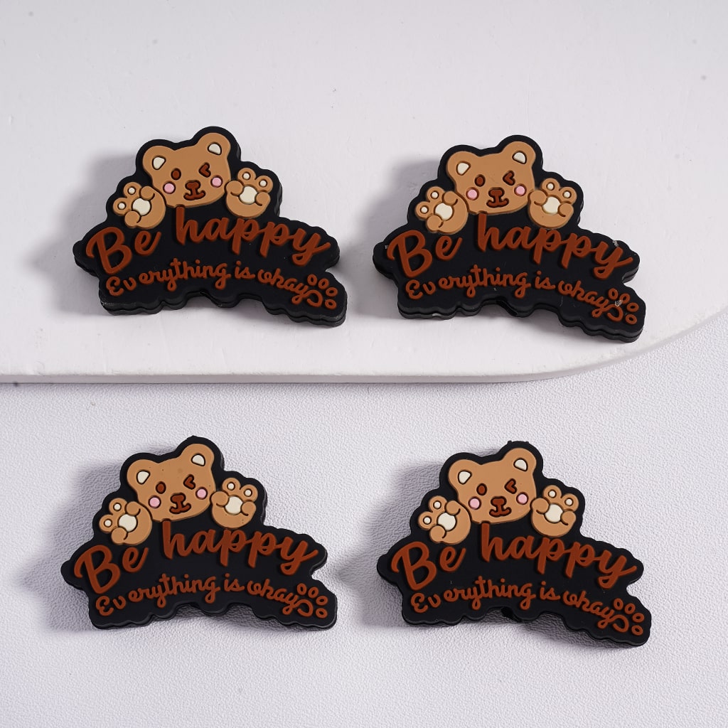 Cute Brown Bear Be Happy, Everything is Okay Uplifting Message Silicone Focal Beads