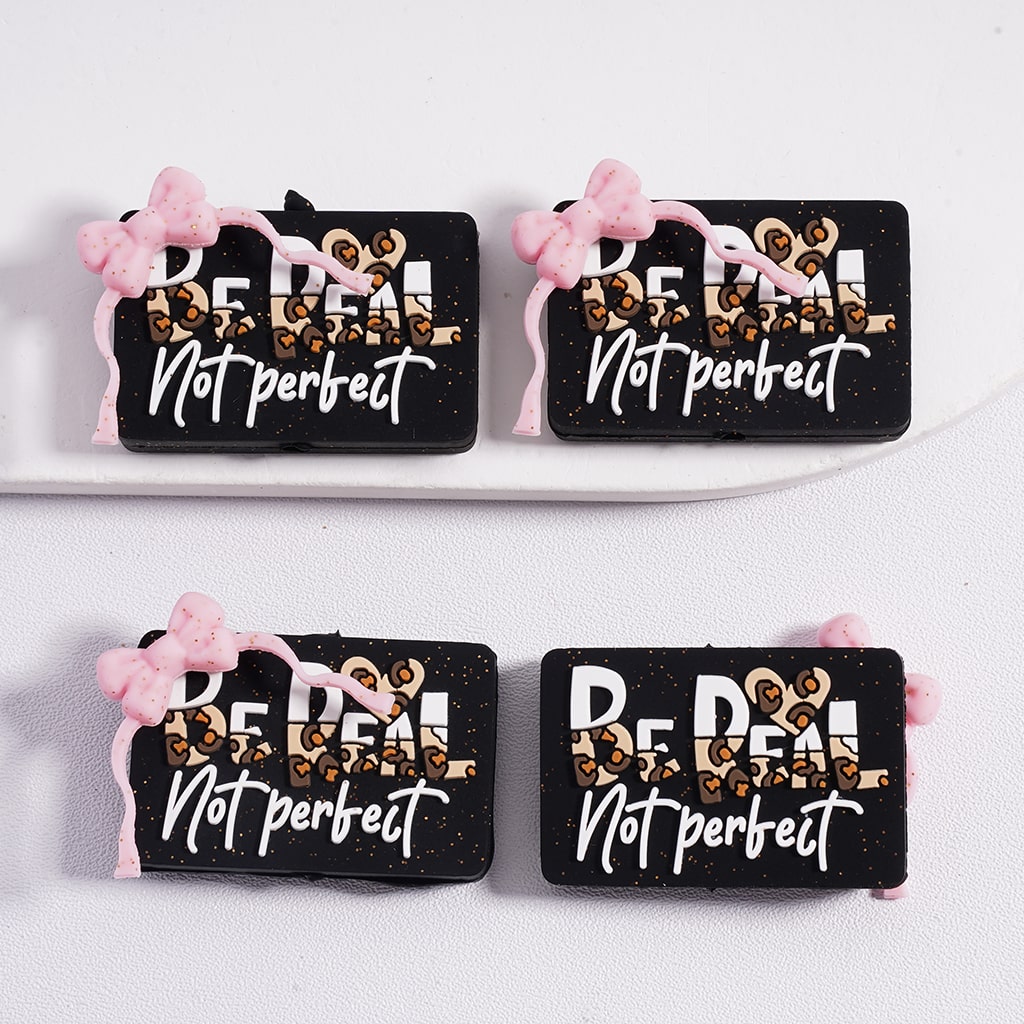3D "Be Real, Not Perfect" with Pink Bow Black Silicone Focal Bead