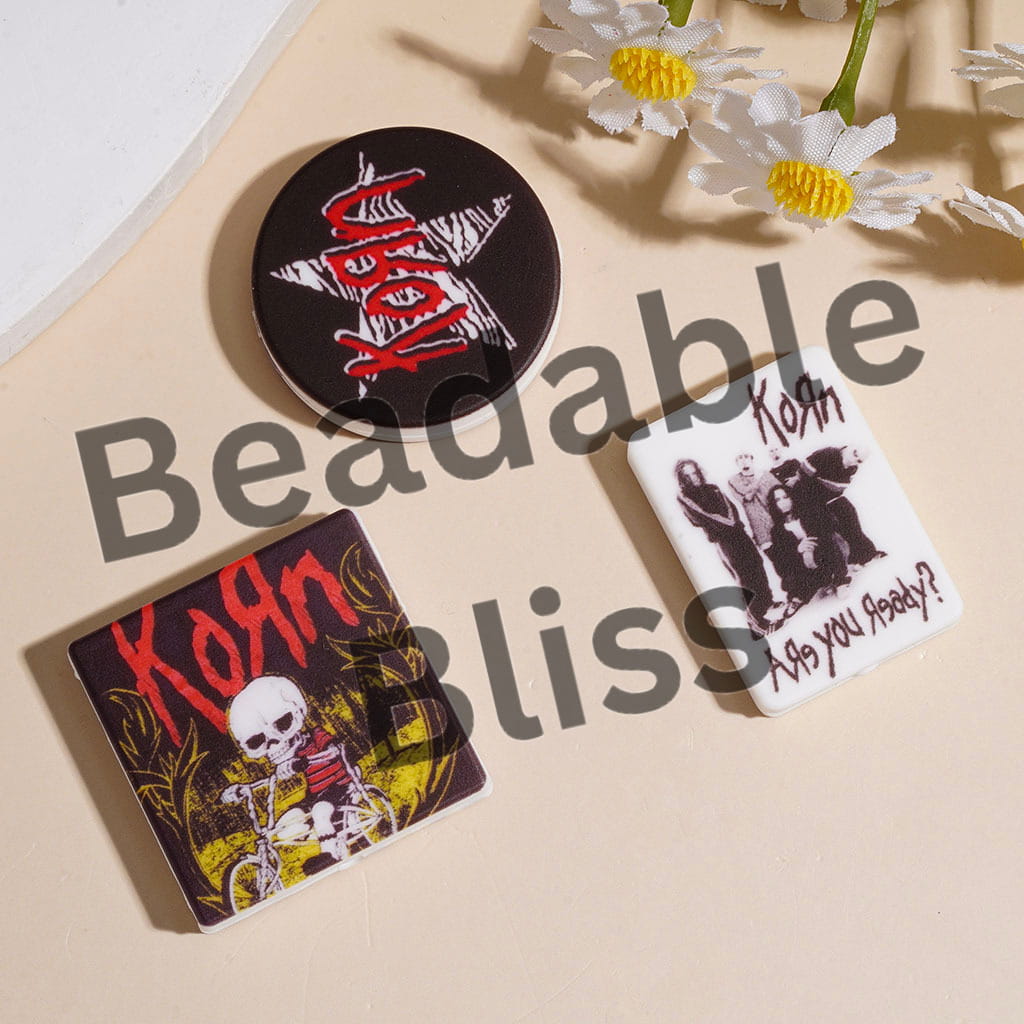Silicone Focal Beads Halloween Theme American Rock Band in Dark Series, Flat Round Square Rectangle Shape, Random Mix