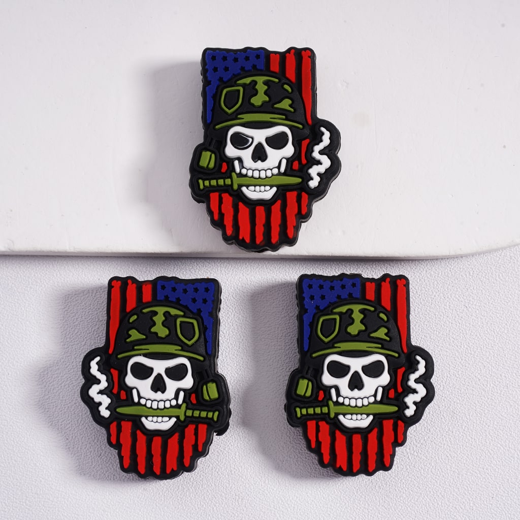 USA Veteran Series Patriotic Skull Head, Boots Boots c& Flag Motifs Designs Silicone Beads