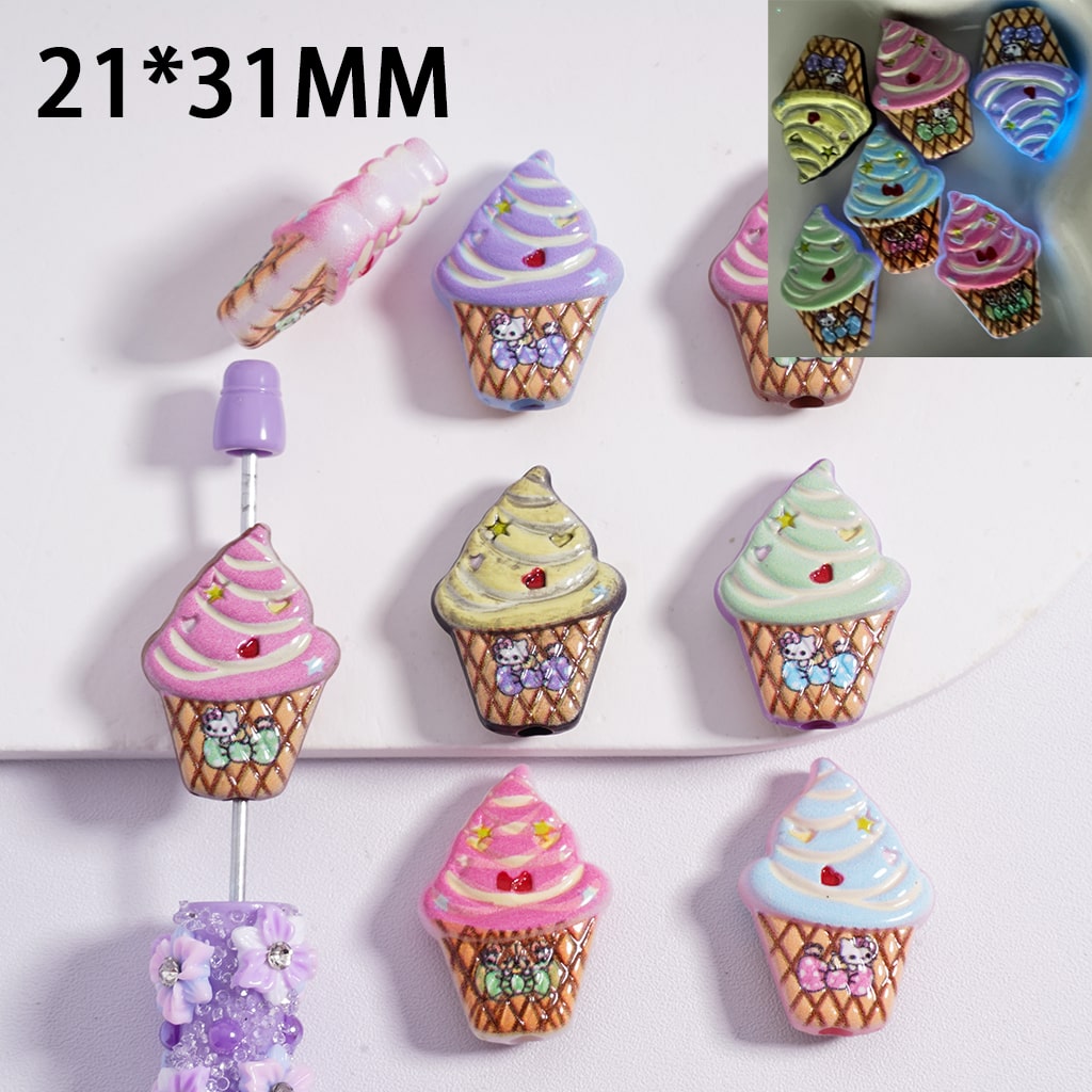 Luminous Cute Cat Character Colorful Ice Cream Cone Acrylic Beads Random Mix