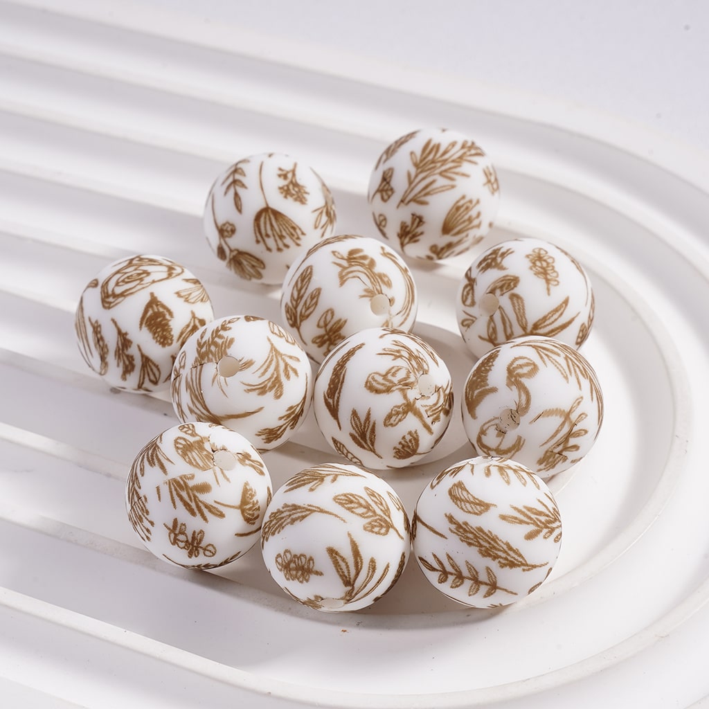 Brown Flower Printed White Round Silicone Beads 15mm Z-00298