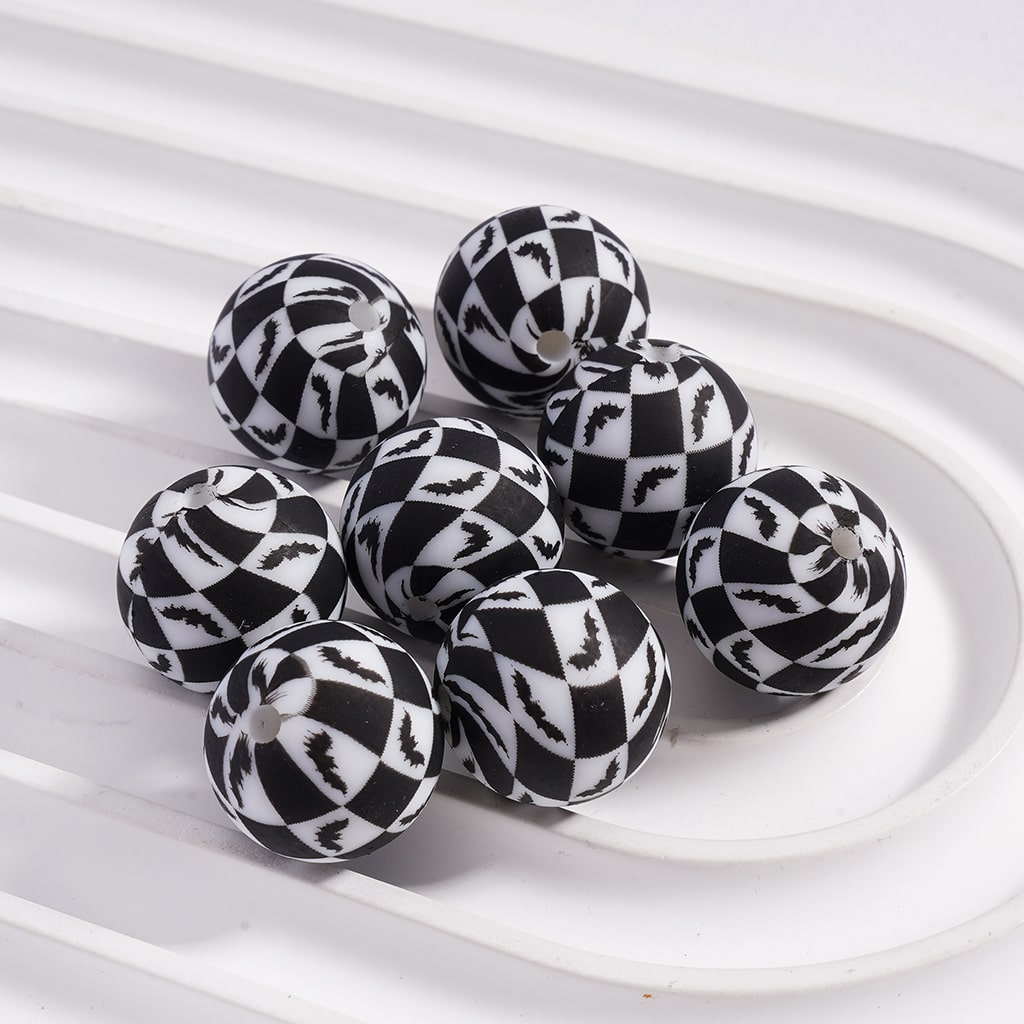 Halloween Black & White Bat Checkered Silicone Beads 15mm Z-00299