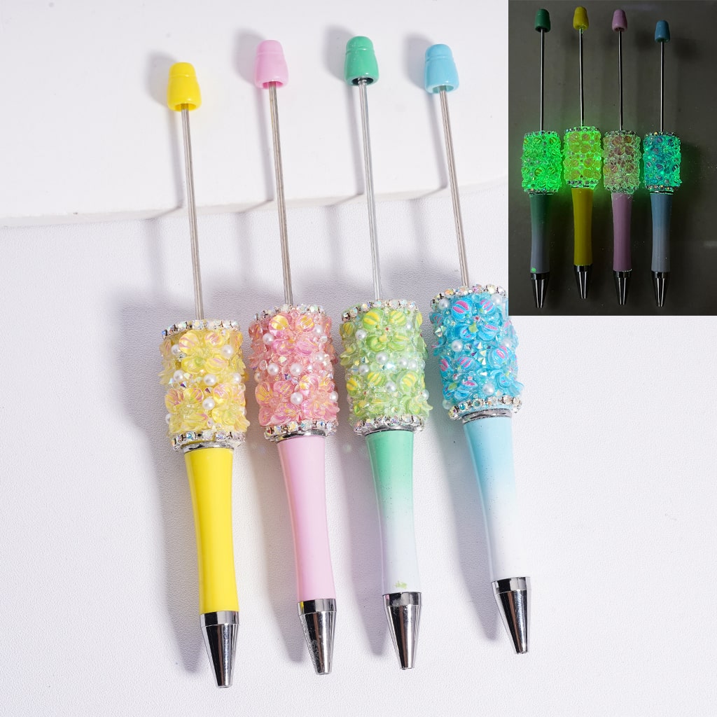 Luminous Beadable Clay Pens with AB Rhinestones, White Pearls & Floral Accents Cute Flowers