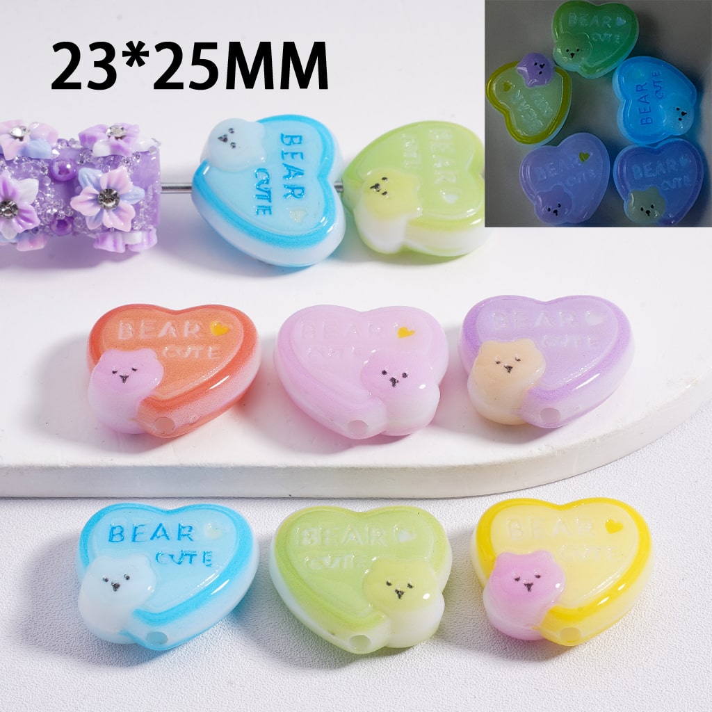 Heart shape Multi-Color Acrylic Beads with Mini Cute Bear Prints 23*25mm Random Mix