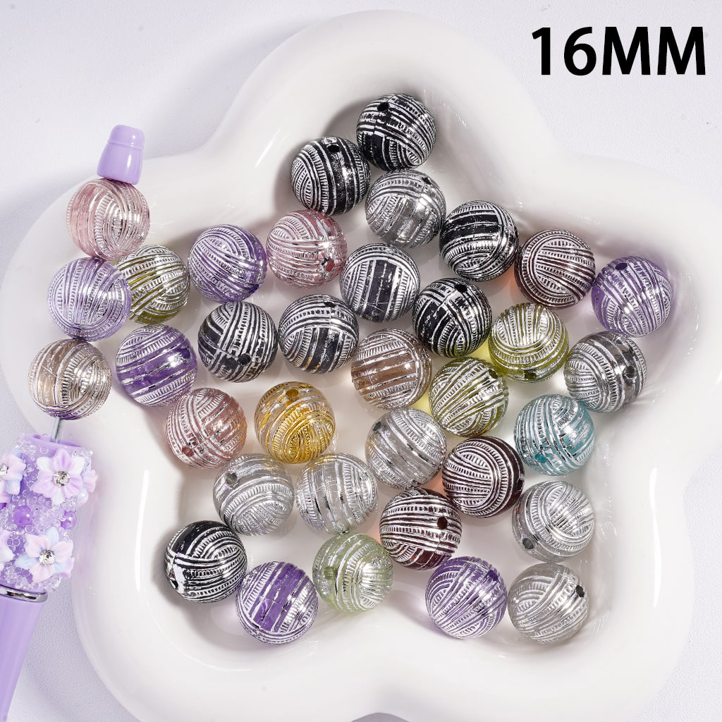 Silver Striped Multi-Color Round Acrylic Beads 16mm Random Mix