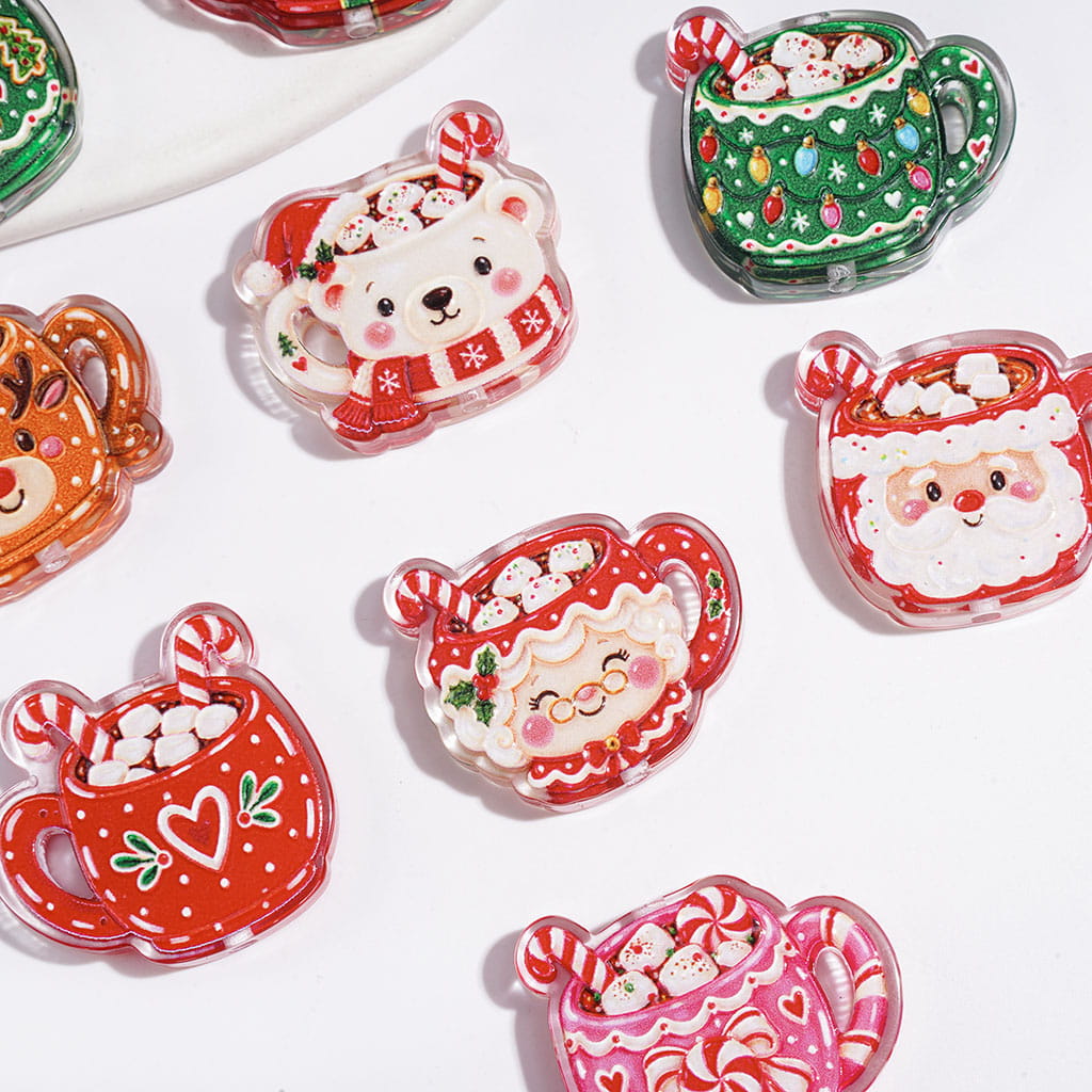 Vibrant Festive Cup Design Christmas-Themed Semi-Clear Acrylic Beads and Pendants, Random Mix