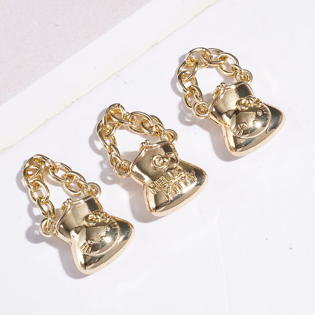 Gold & Silver Cute Cat Character Printed Tiny Handbag Alloy Charms with Chain Handle, Jewelry Accessories, Random Mix