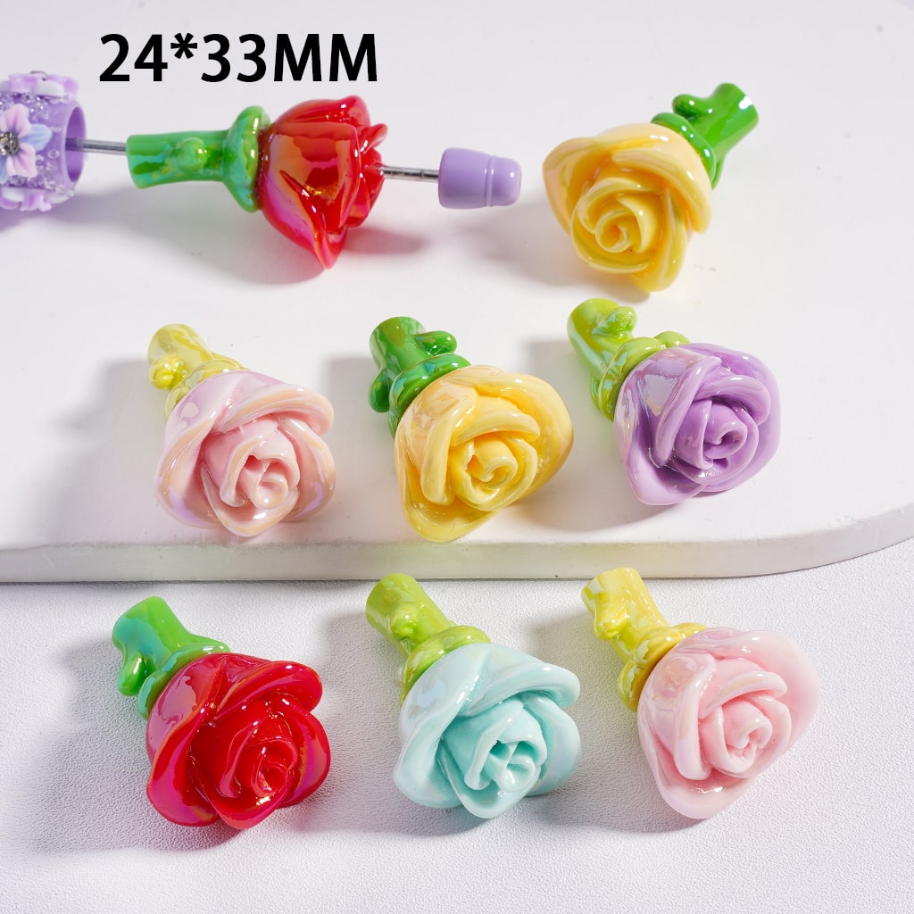 UV Coated Rose Petals Blossom Flower Shiny Acrylic Beads 24*33MM, Random Mix