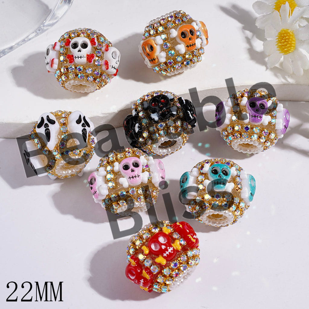 Hand-Made Halloween Acrylic Beads Horror Skull Head, AB Rhinestone & White Pearl Chains, 22MM Multi-Color Random Mix