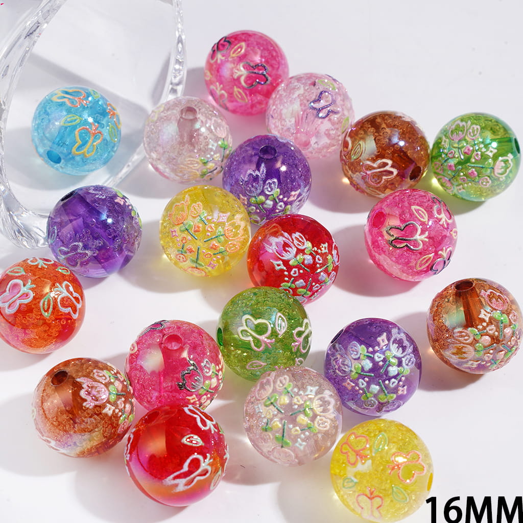 UV-Coated Colorful Butterfly and Tulip Flower Design Printed Round Acrylic Beads for Bracelets, 16MM, Random Mix