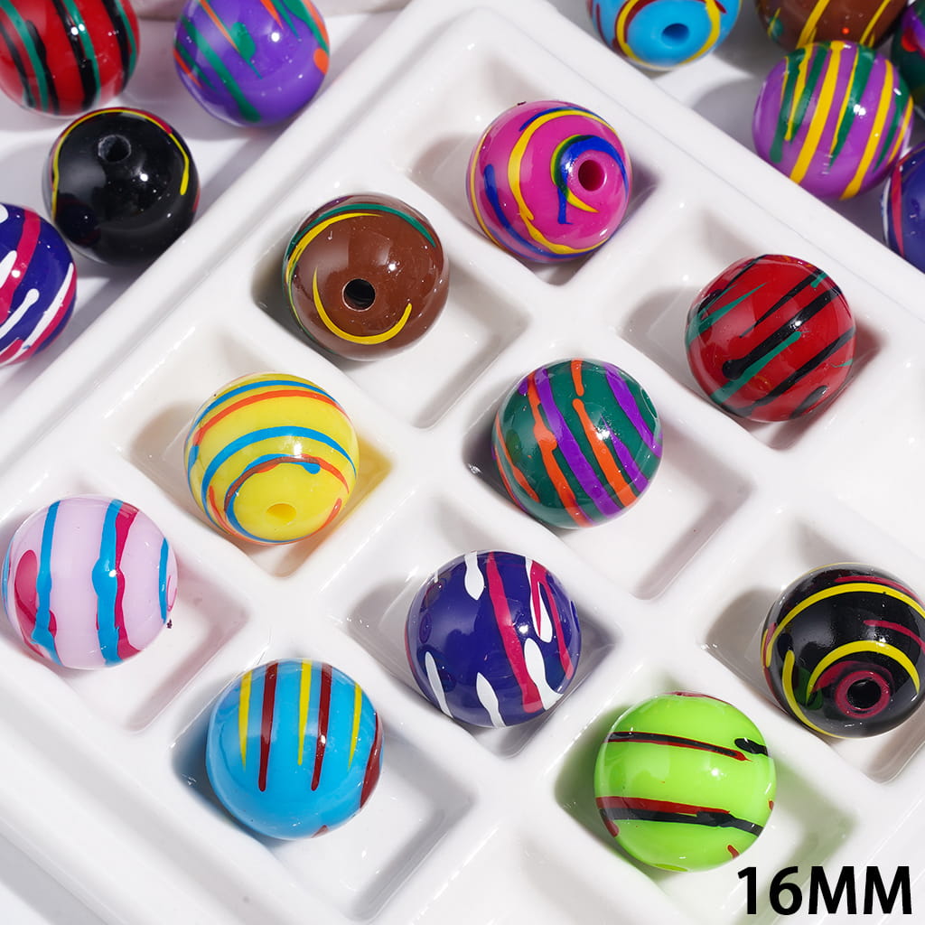 Colorful Splashed Ink Stripe Texture Round Acrylic Beads for Bracelets, 16MM, Random Mix