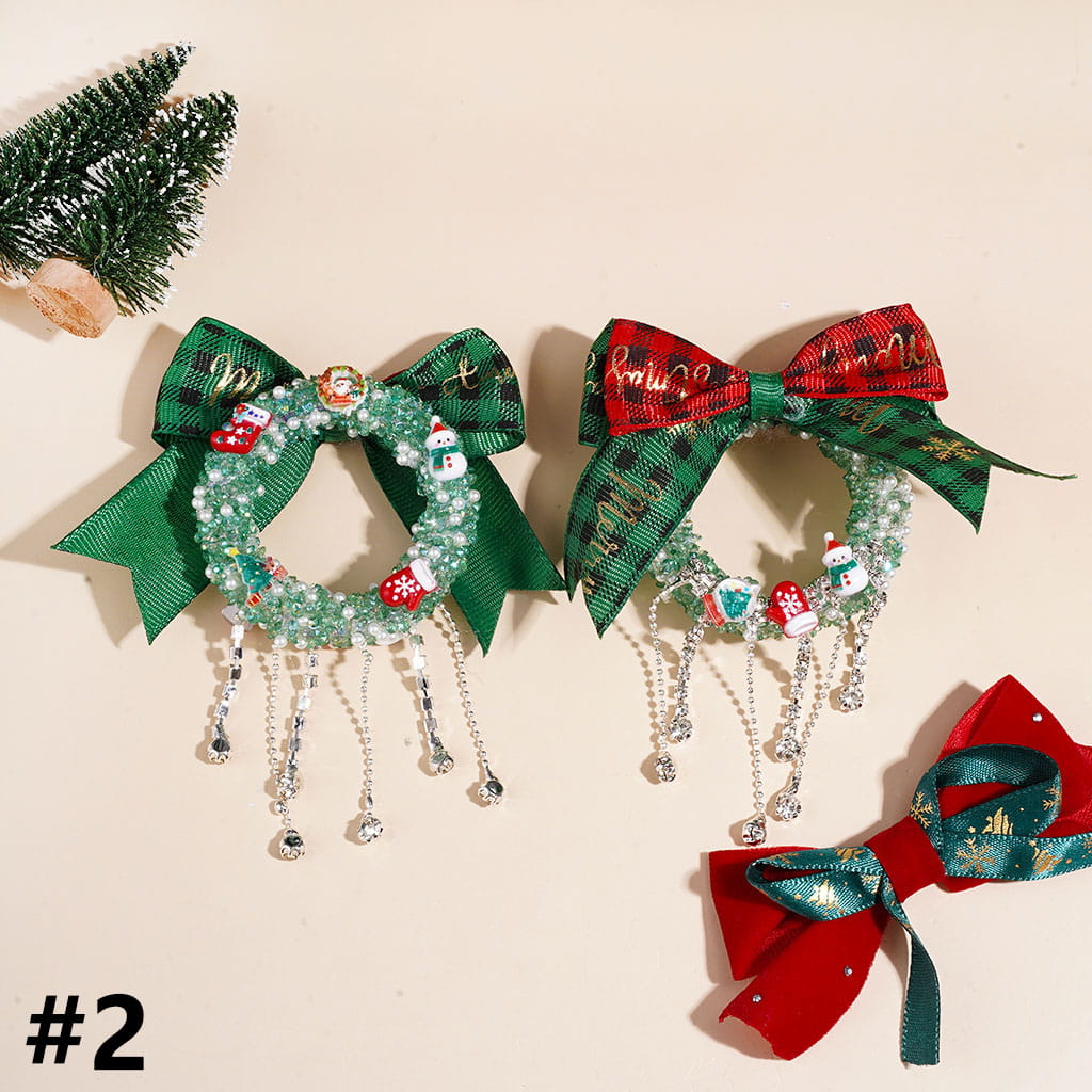 Handmade Christmas Wreath Acrylic Beads, Fabric Bow Christmas Trims Clear Rhinestone Chain Tassels, Cone Shaped Rhinestones & White Pearls, Red Green