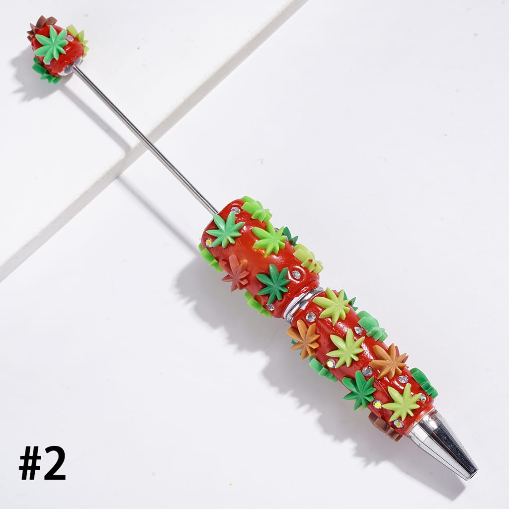 Decorative Beadable Clay Pen with Maple Leaf Design, Red & Green Background