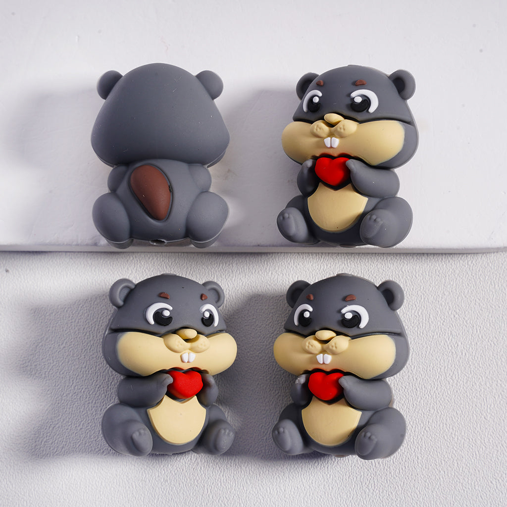 3D Cute Squirrels Holds Red Hearts for DIY Projects Keychains Silicone Focal Beads