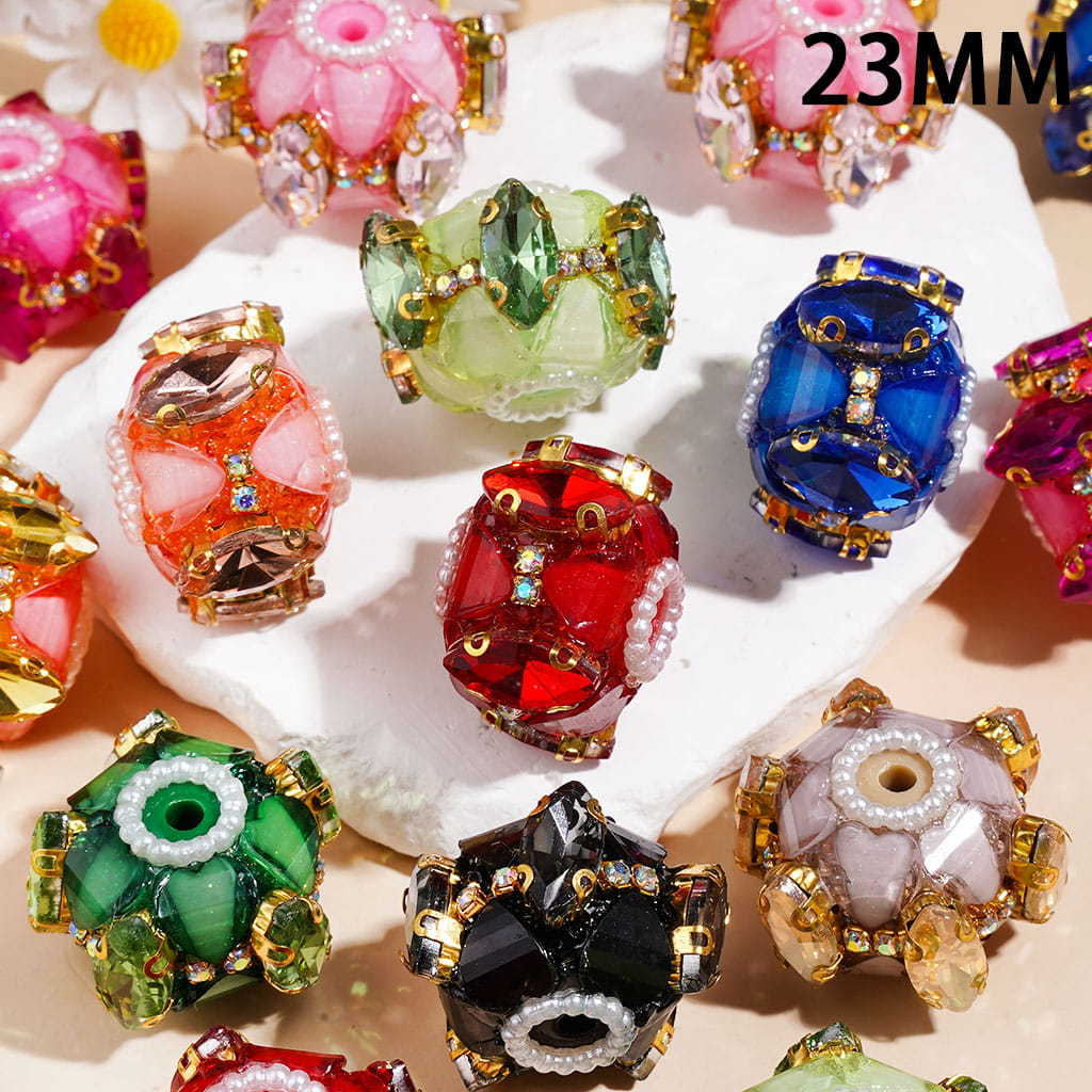 Handmade Acrylic Beads Glittery Hearts & Gold Metal Setting w Marquise Cut Rhinestones, AB Rhinestones White Pearl Loop, 23MM, Multicolor, Random Mix