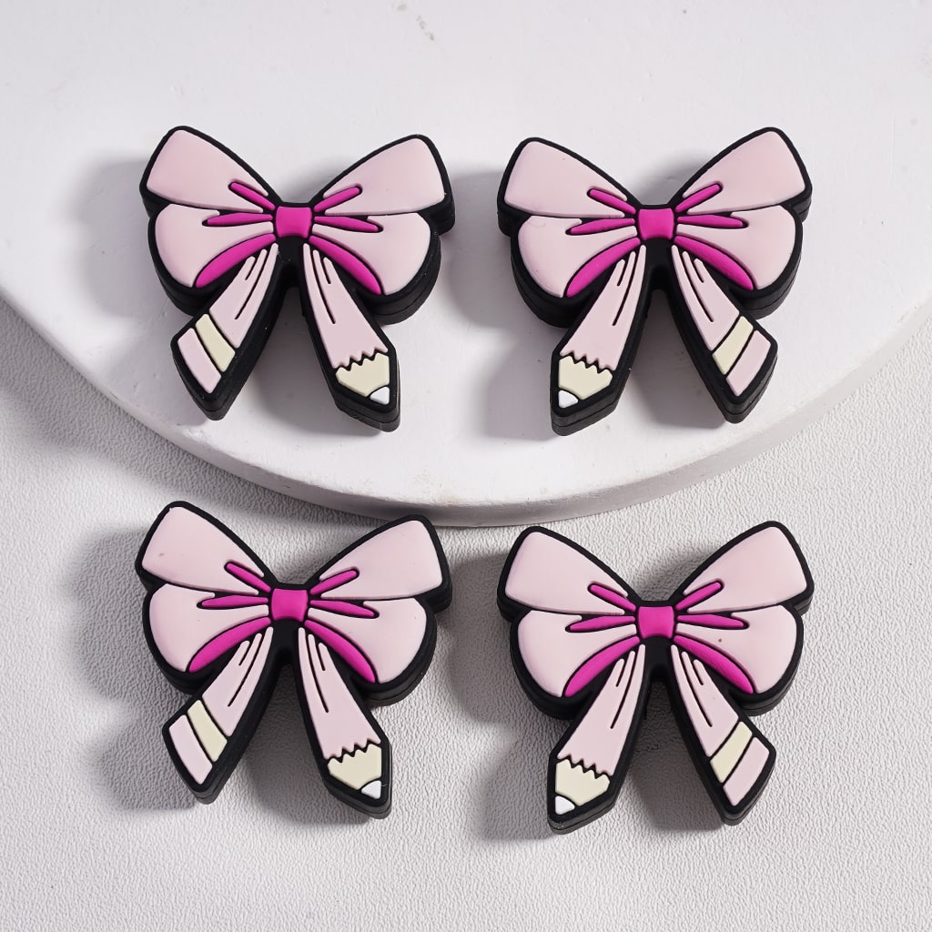 Pink Pencil Bowknot, Cute Design Silicone Focal Beads