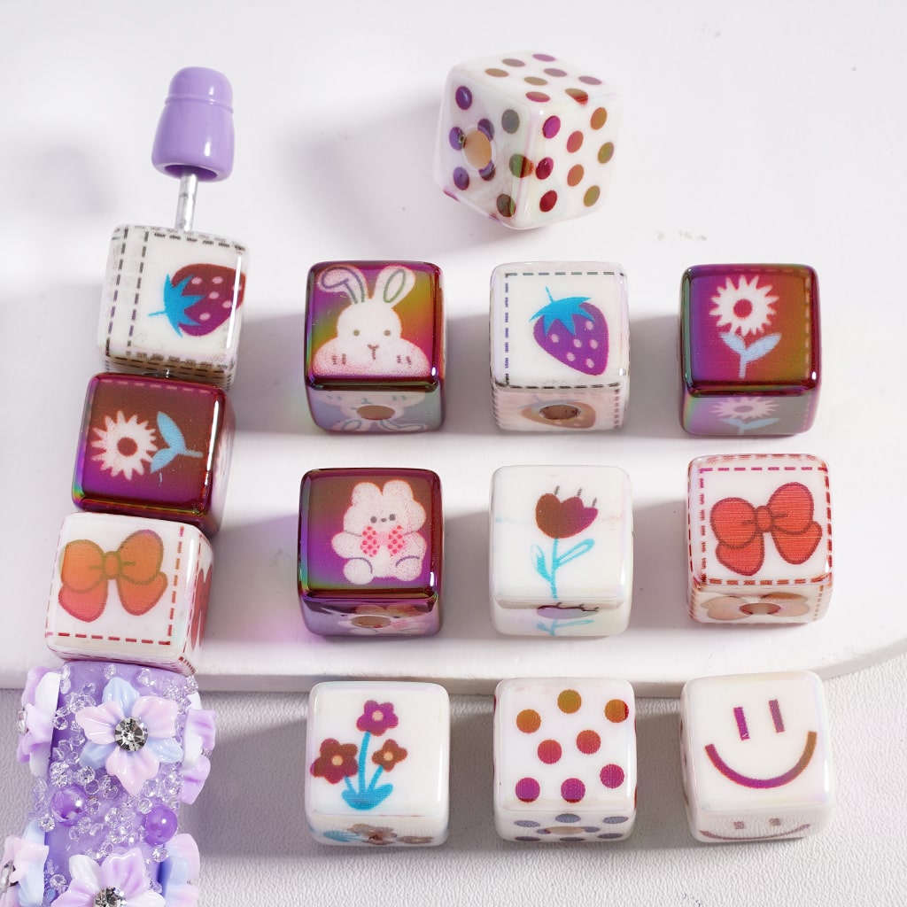 UV Coated Bunny, Strawberry, Flower, Bowknot & Smile Face Cube Acrylic Beads 14MM, Random Mix