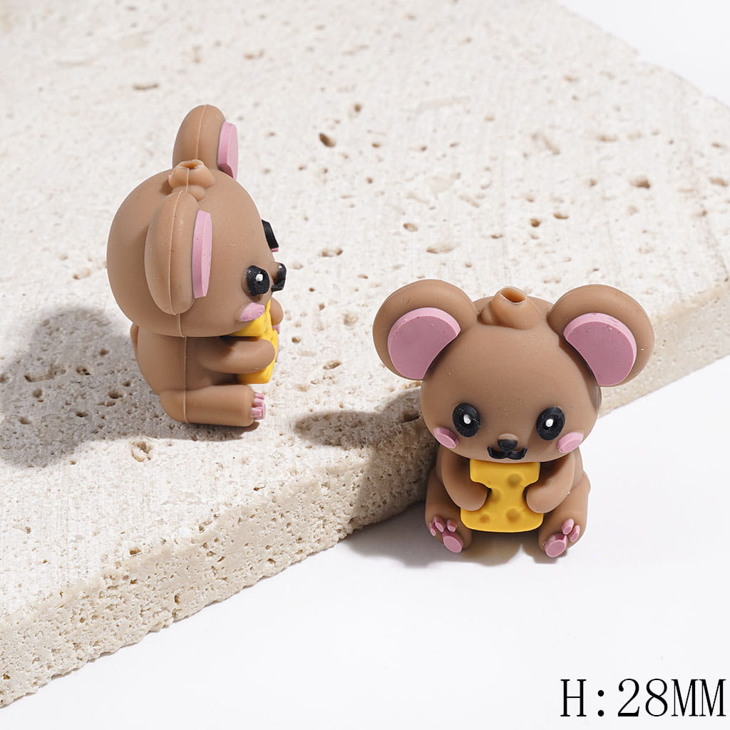 3D Mouse Character Holding Cheese Silicone Focal Beads, Brown and Yellow, 28MM