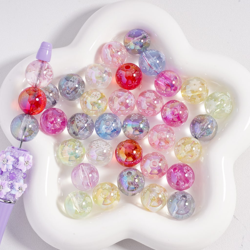 UV Coated Translucent Snowflakes Prints Shiny Round Acrylic Beads 16MM Random Mix