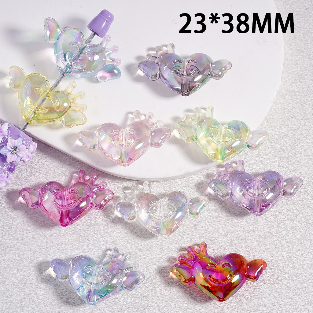 UV Coating Smile Face with Crown & Wings Translucent Color Heart Shape Acrylic Beads 23*38MM, Random Mix