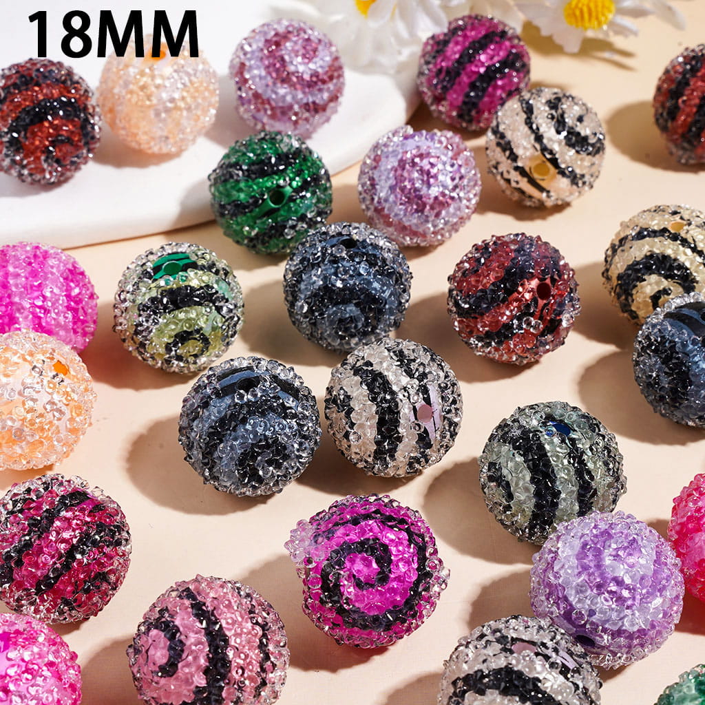 Handmade Lollipop Swirl Stripes Printed Sugar Beads with Cone Shaped Clear Rhinestones, 18MM, Various Colors, Random Mix